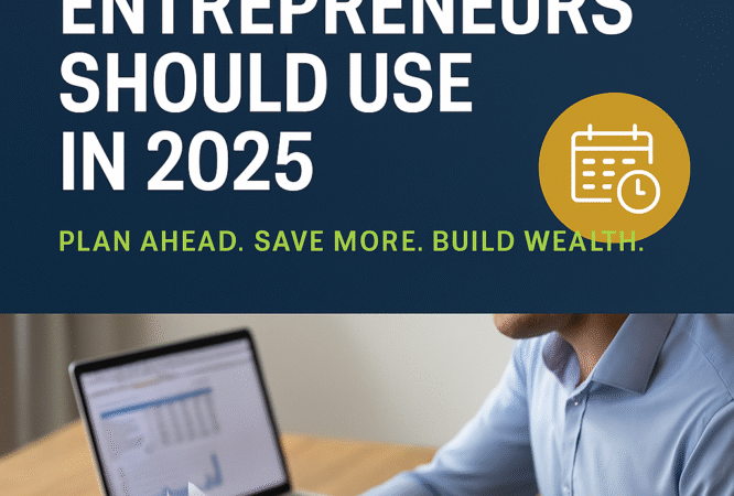 Entrepreneur planning 2025 tax strategy at desk with documents and calculator to reduce tax liabilit